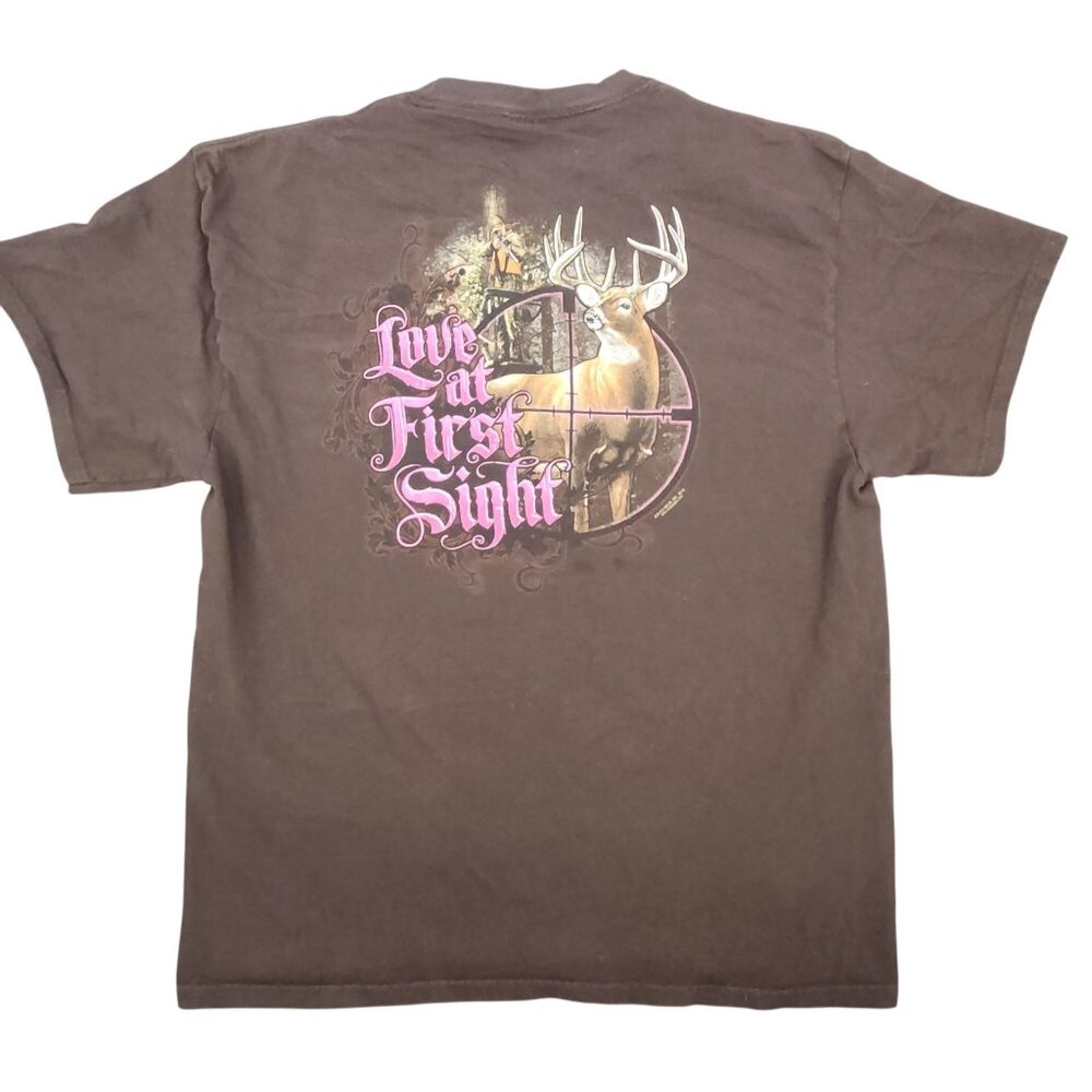 Women's Buck Wear Hunting Love at First Sight T-Shirt Brown Pink Deer XL Cotton